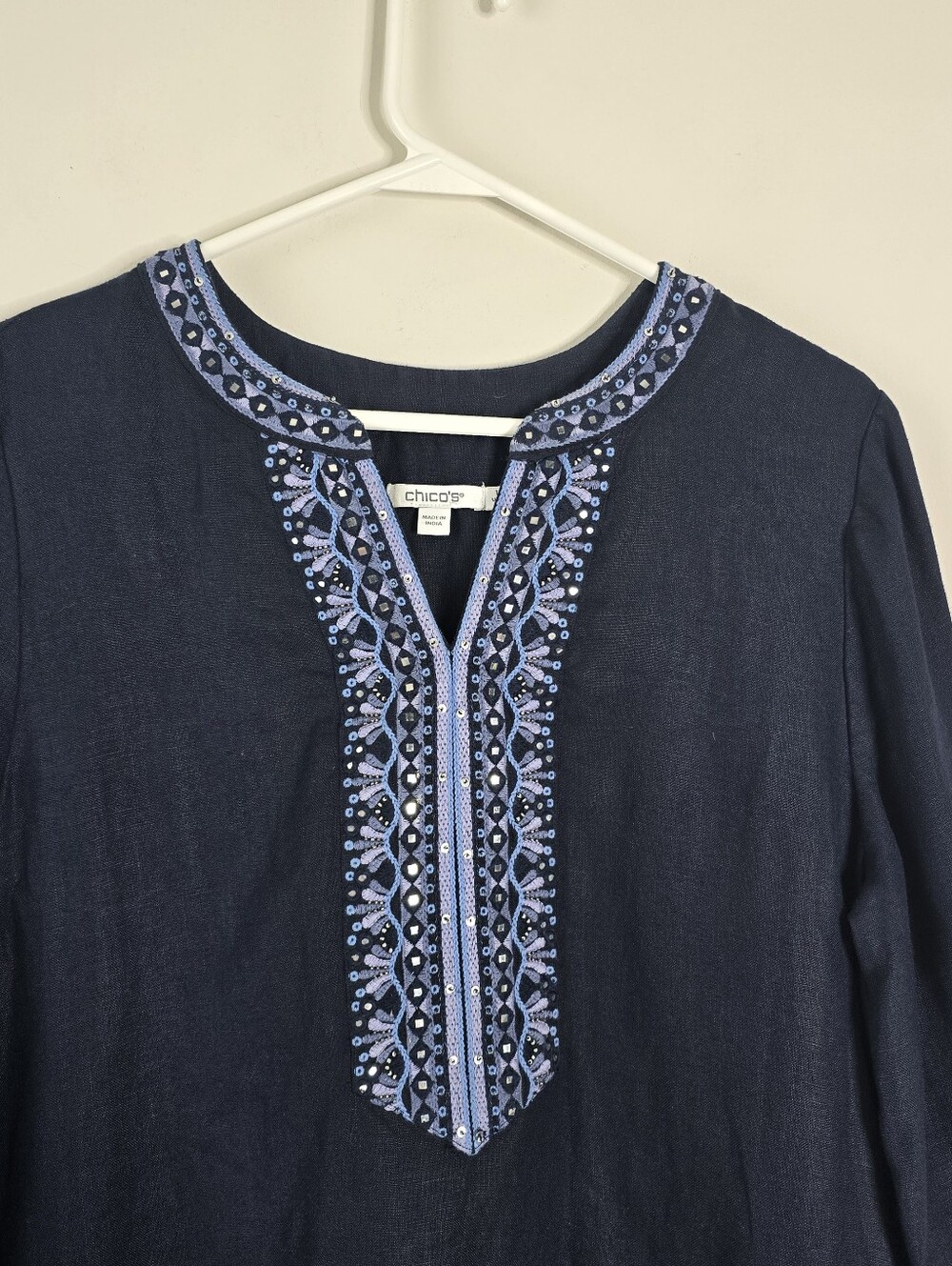 Chico's Navy Blue Embroidered Beaded Linen Tunic Dress Boho Size 1 US 8 Pockets - Picture 4 of 15